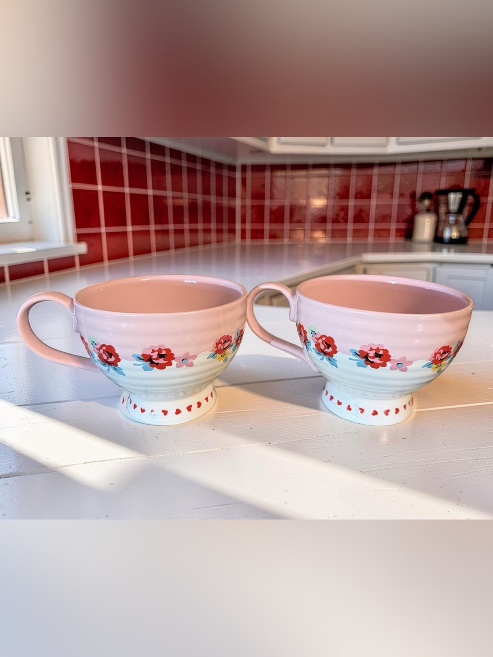 Cath Kidston NWT Set of 2 Cottagecore Pink & Red Roses Stoneware Mugs 11.5 Oz